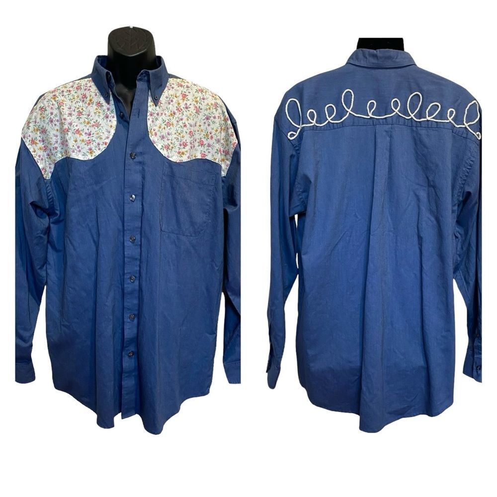 Vintage Van Heusen Studio Western Shirt Floral Rope Design Boho Cowboy Sz L Tall